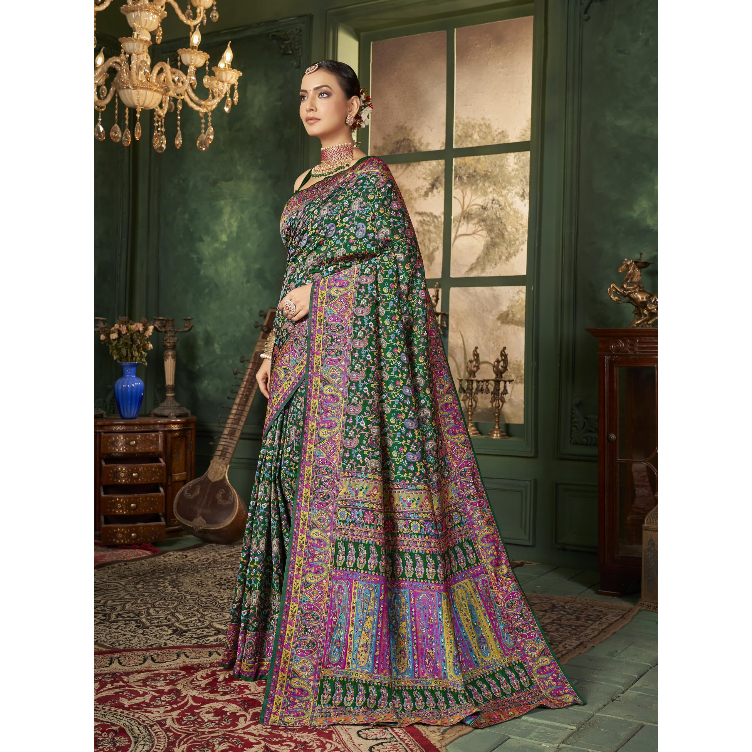 Glory Sarees Women's Kashmiri Pashmina Silk Woven Saree With Blouse Piece (Heritage_Silk110_Green)