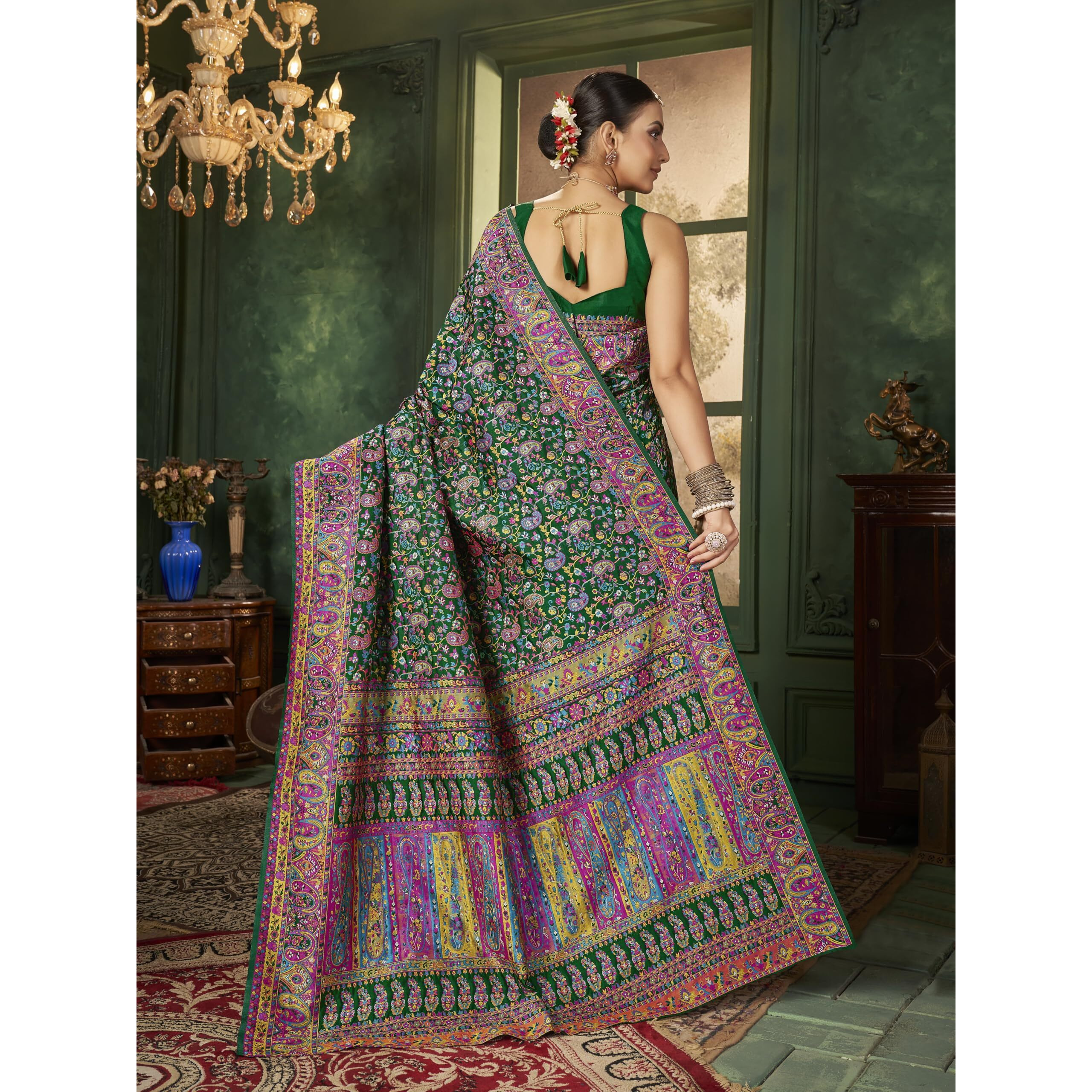 Glory Sarees Women's Kashmiri Pashmina Silk Woven Saree With Blouse Piece (Heritage_Silk110_Green)