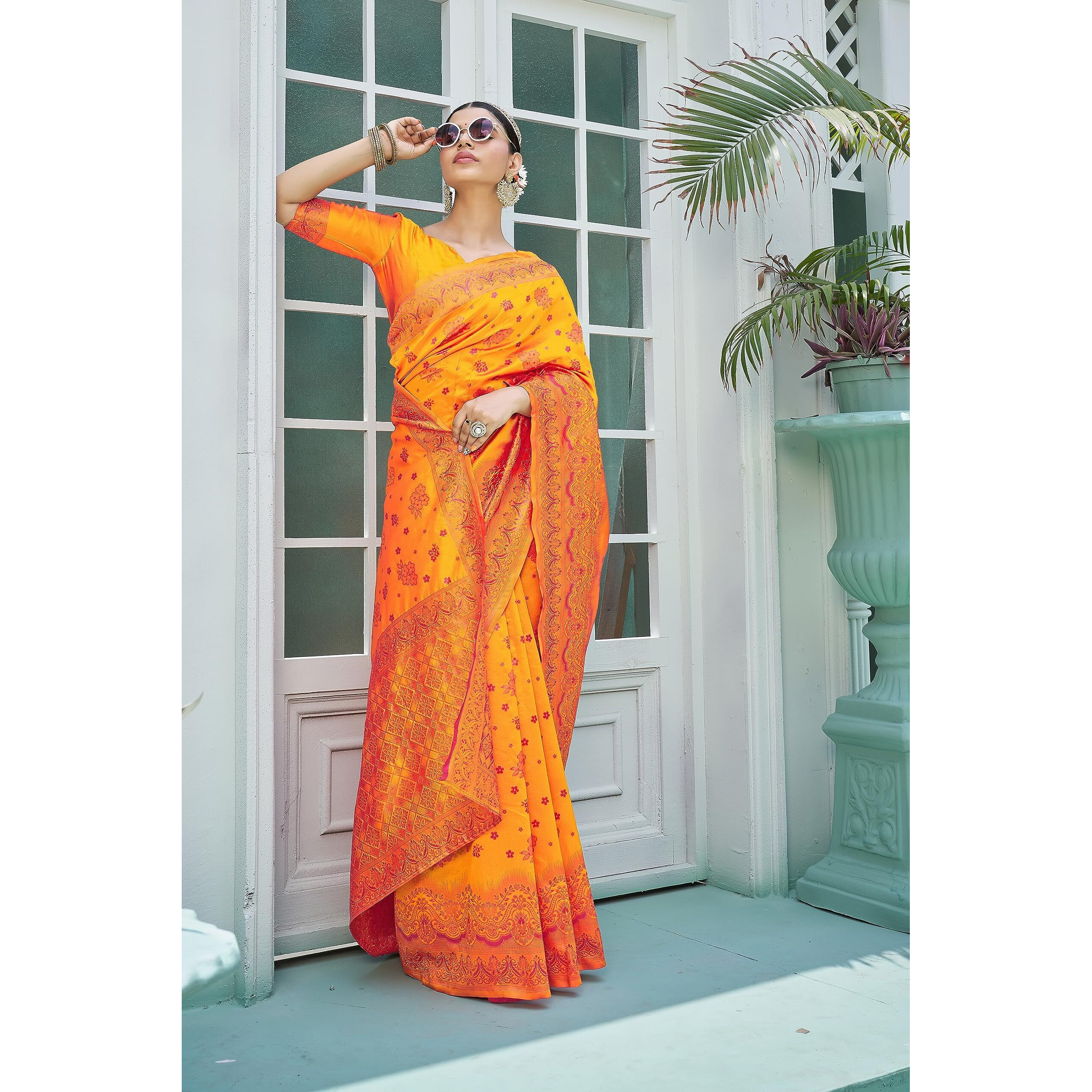 Glory Sarees Womens Banarasi Silk Saree With Blouse Piece (Premium_Silk106_Yellow)