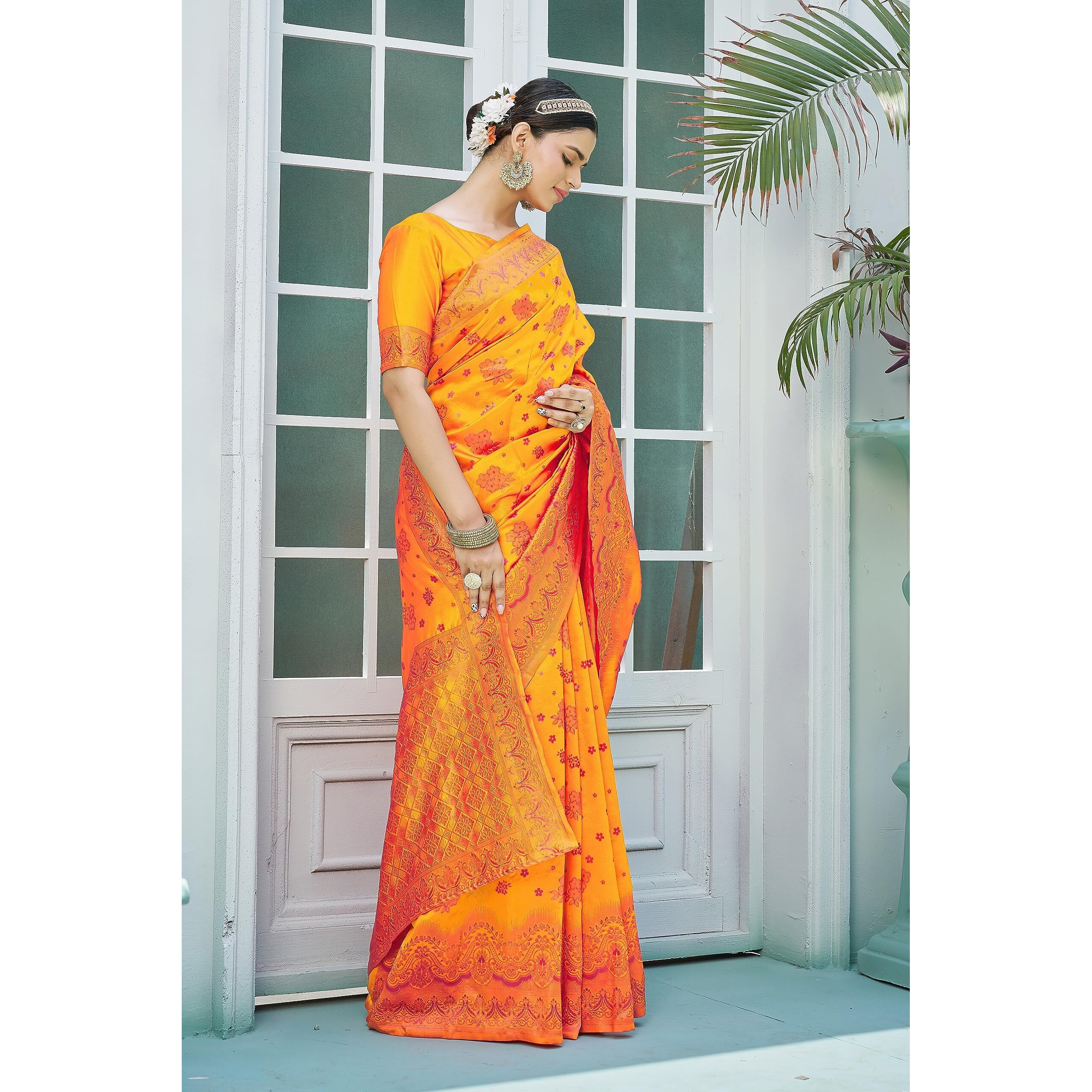 Glory Sarees Womens Banarasi Silk Saree With Blouse Piece (Premium_Silk106_Yellow)