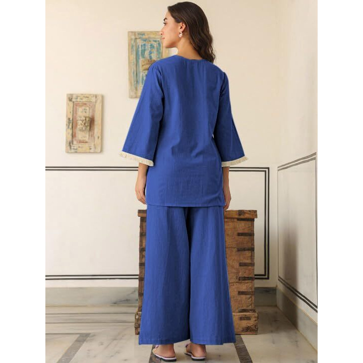 Greciilooks Polycotton Ethnic Mid-Thigh Length Stylish | Festive Travel Co Ord Kurta Set For Women (Gl-W2048&Tr1023_Blue_Xl)