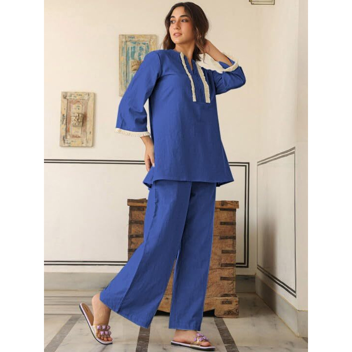 Greciilooks Polycotton Ethnic Mid-Thigh Length Stylish | Festive Travel Co Ord Kurta Set For Women (Gl-W2048&Tr1023_Blue_Xl)