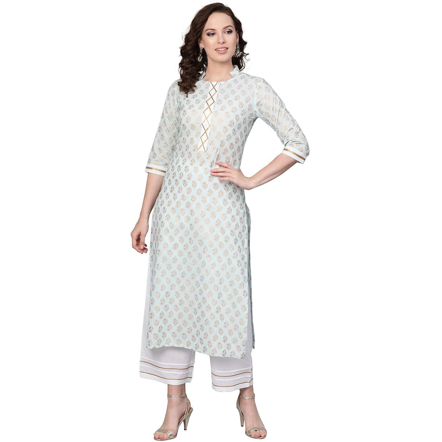 Idalia Women's Sky Blue Khari Gold Printed Straight Cotton Kurta Set With Pant