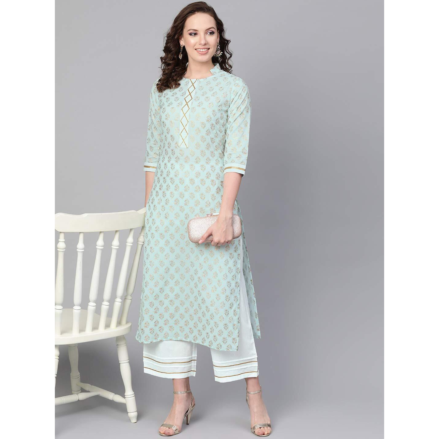 Idalia Women's Sky Blue Khari Gold Printed Straight Cotton Kurta Set With Pant