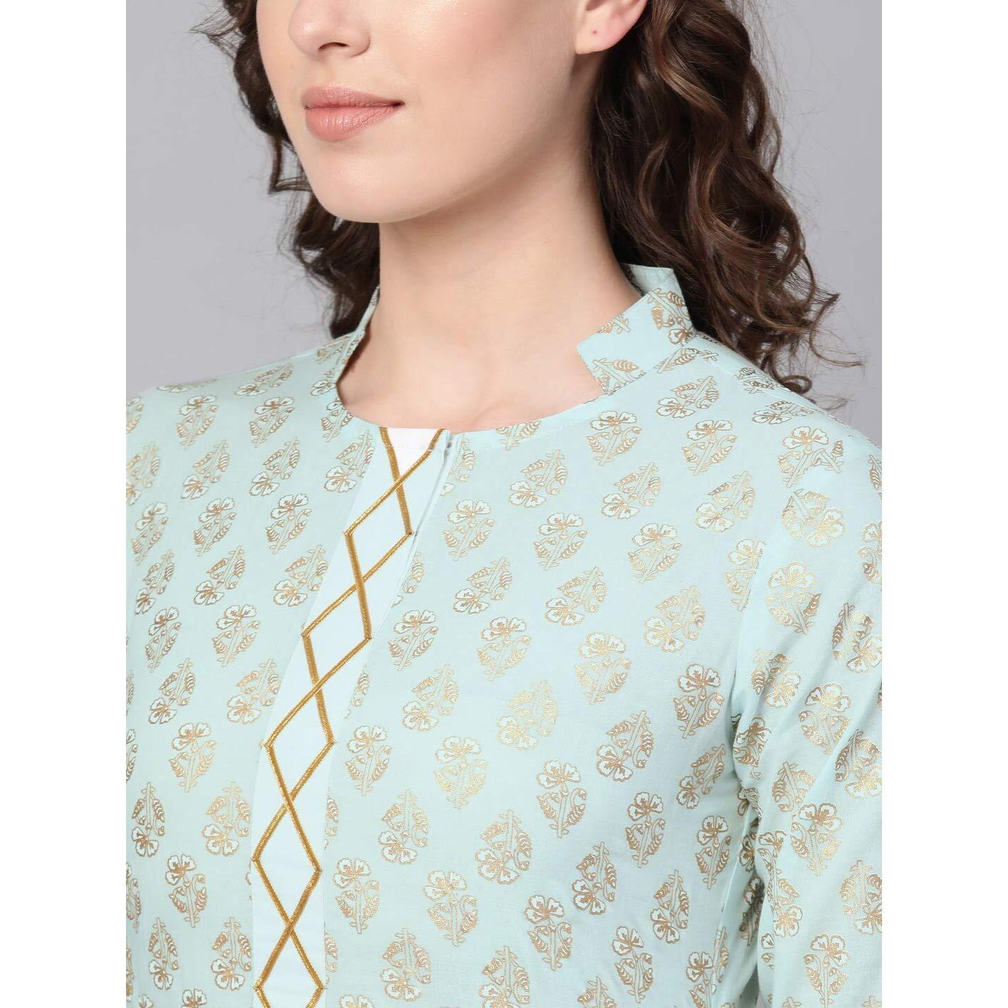 Idalia Women's Sky Blue Khari Gold Printed Straight Cotton Kurta Set With Pant