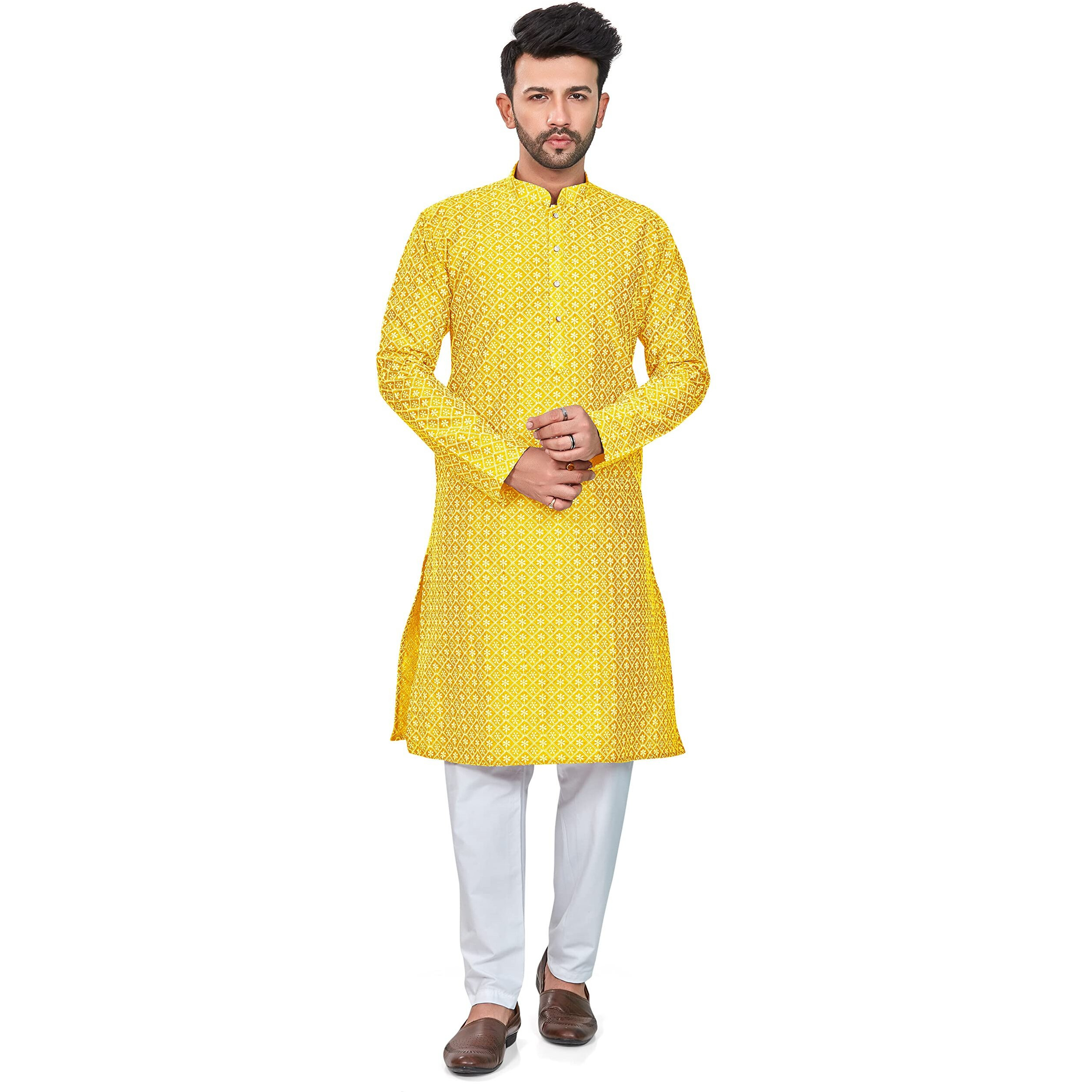 Be Active Men's Cotton Embroidered Lucknowi Yellow Kurta Set || Men's Kurta Pajama || Men's Kurta Pajama Set || Kurta Pajama For Men (Rfsk0013 13 Set L)