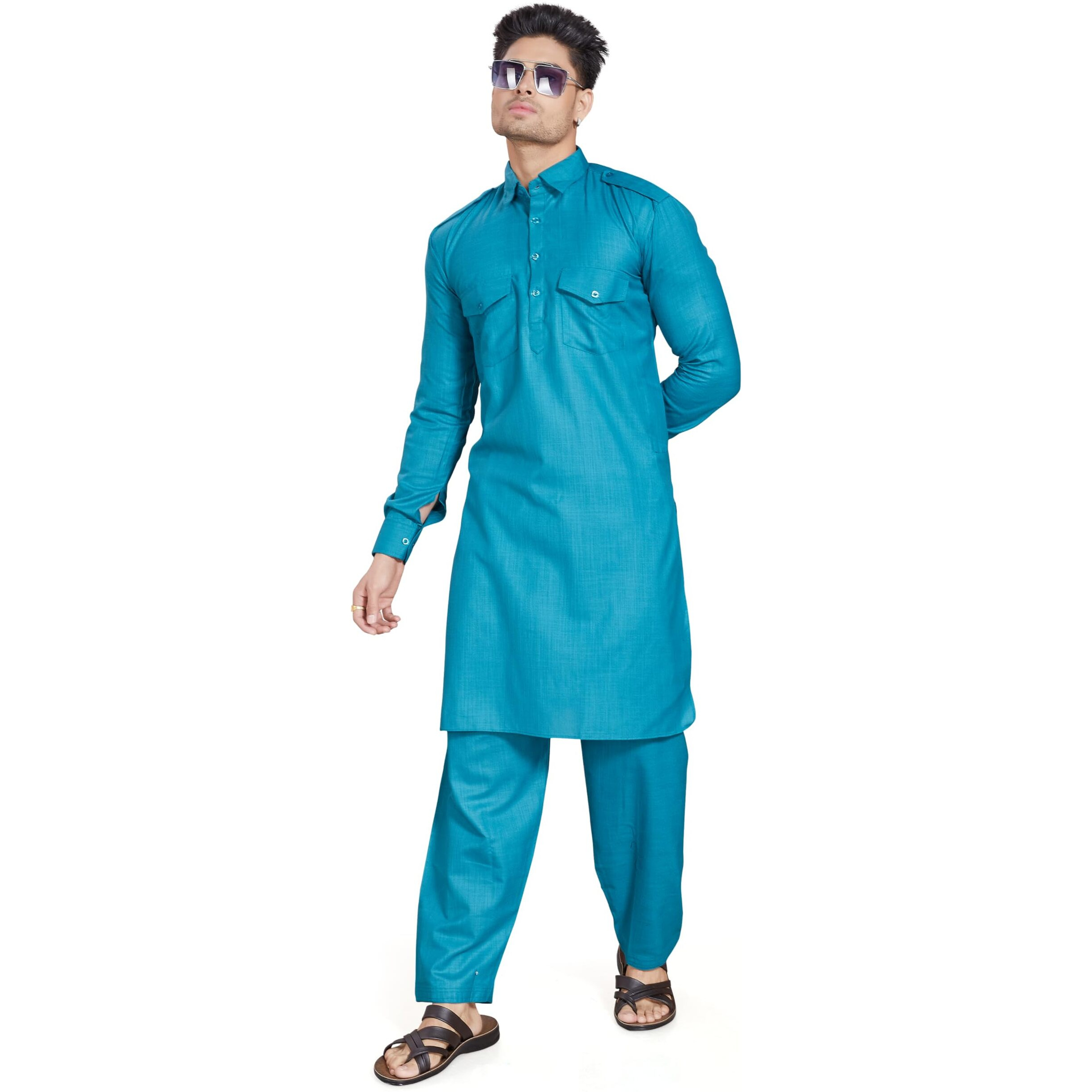 Divisive Men's Cotton Blend Pathani Kurta Pyjama Set (Dkrt457_S_Rama)