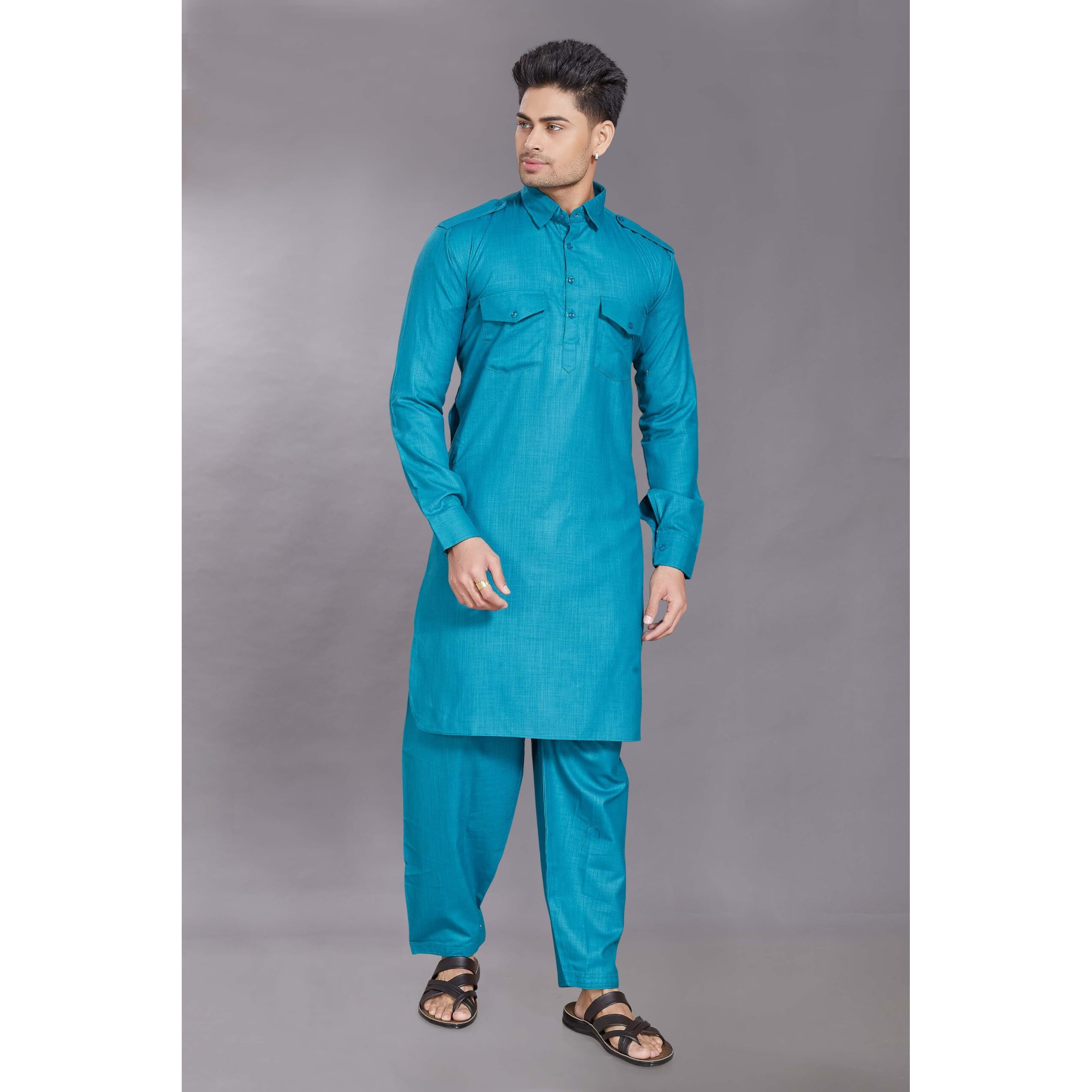 Divisive Men's Cotton Blend Pathani Kurta Pyjama Set (Dkrt457_S_Rama)