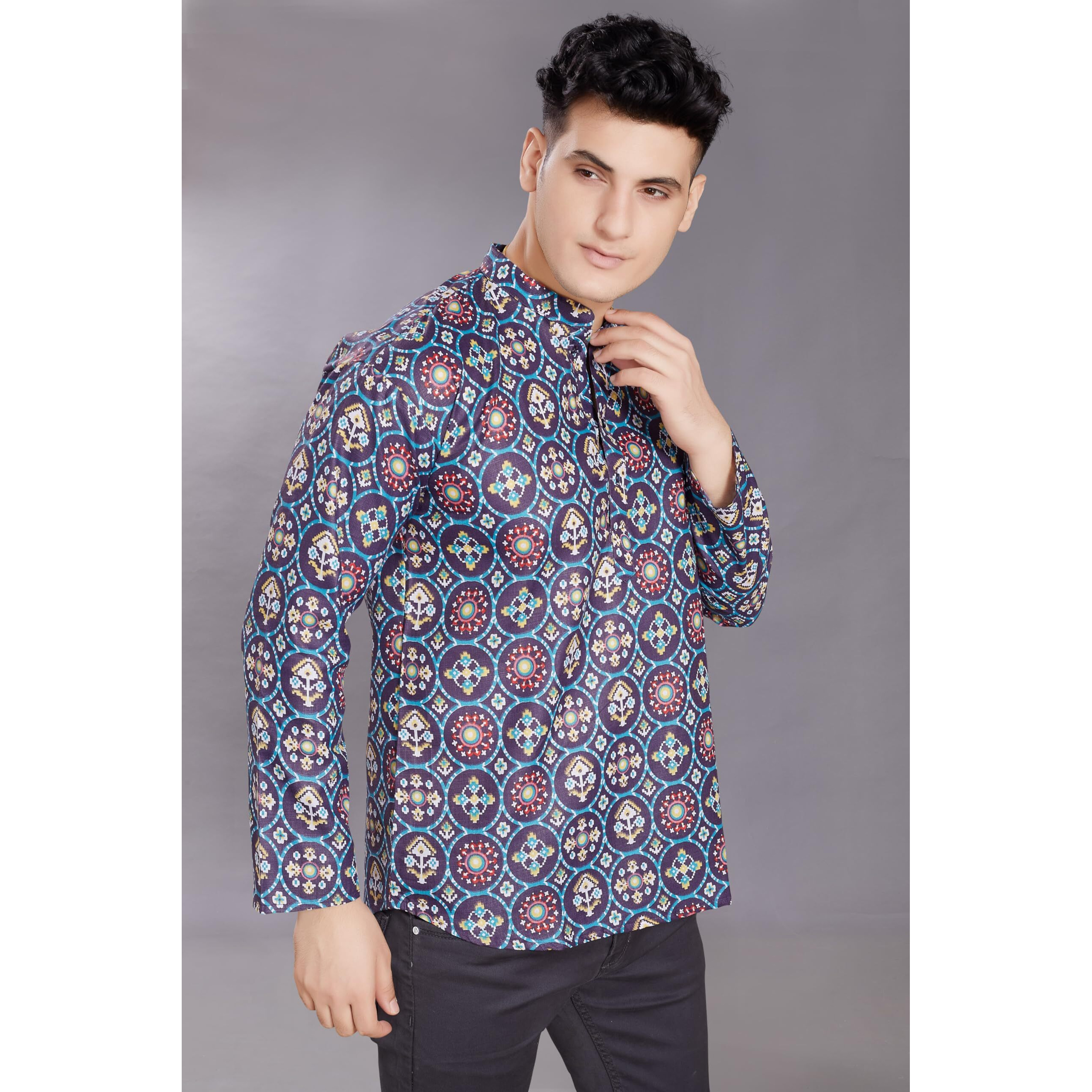 Divisive Men's Pure Cotton Relaxed Fit Printed Short Kurta (Dkrt441_M_Dark Blue)