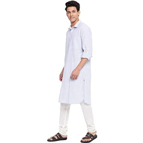 Fabindia Men Linen Regular Collar Pathani Kurta Cotton_L Off White