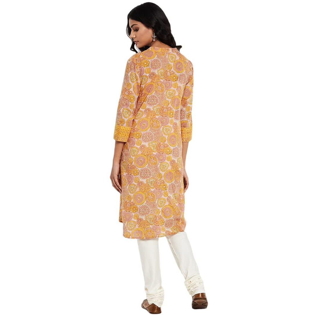 Fabindia Women Printed Knee Length Kurta Cotton_Xs Yellow