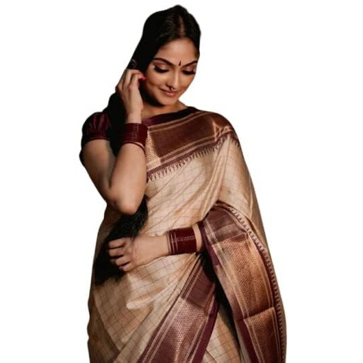 Flosive Women's Present Banarasi Soft Lichi Silk Saree Beautiful Jacquard Rich Pallu Design Work Zari Woven Kanjivaram Silk Style Saree With Soft Lichi Silk Blouse Piece Ayn Royal Cream Chex & Maroon