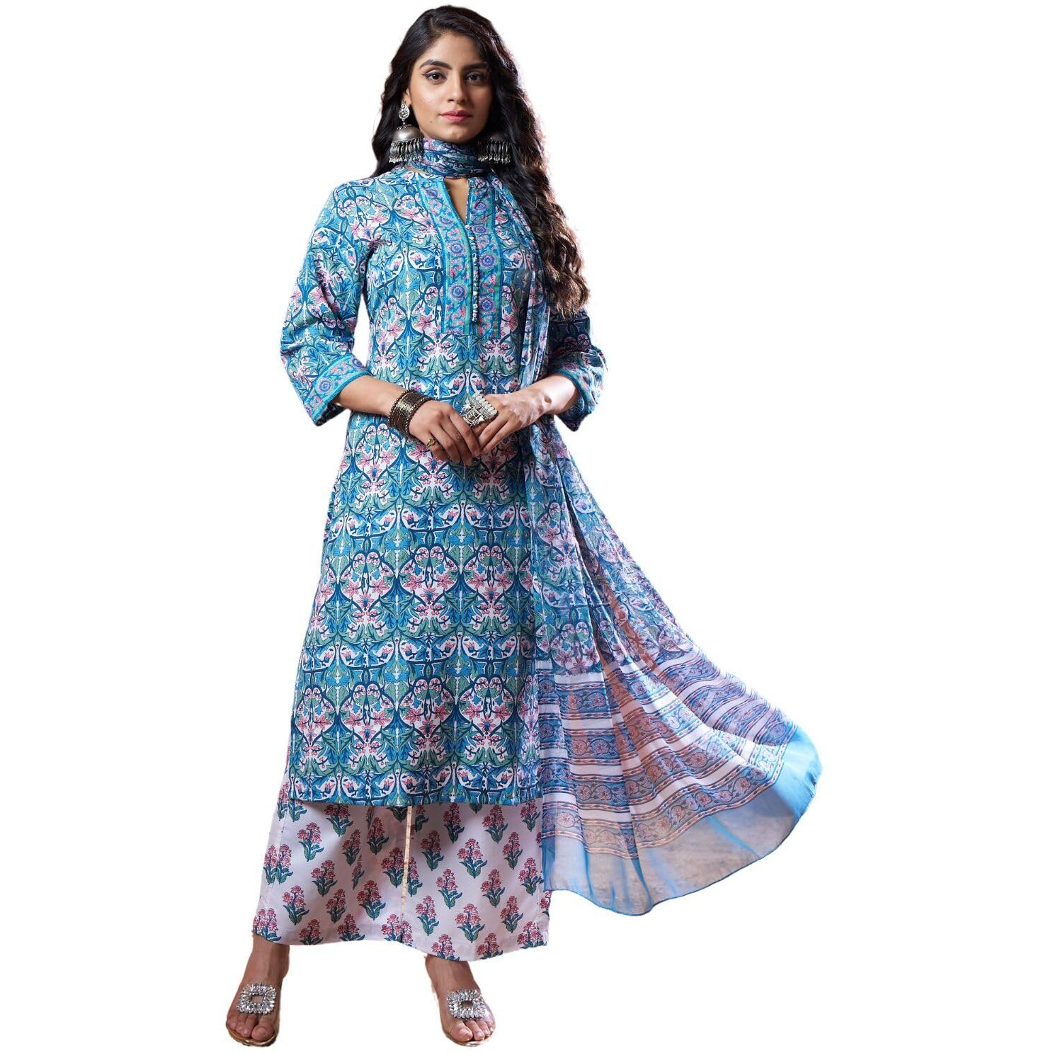 Greciilooks Womens Regular Cotton Blend Regular Fit Kurta Set (Turquoise, Large)