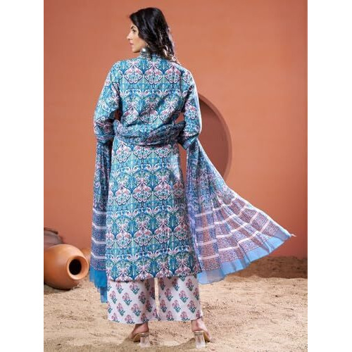 Greciilooks Womens Regular Cotton Blend Regular Fit Kurta Set (Turquoise, Large)