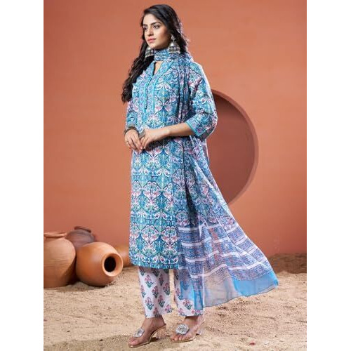 Greciilooks Womens Regular Cotton Blend Regular Fit Kurta Set (Turquoise, Large)