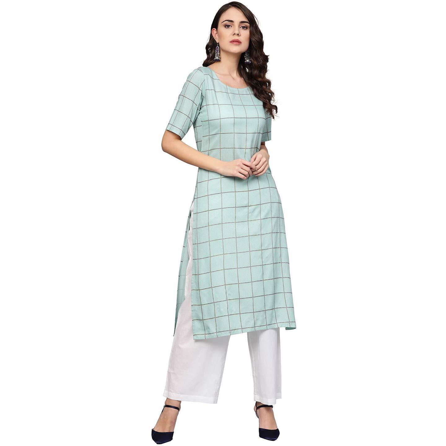 Idalia Checkered Print Teal Kurta With White Palazzo Pants