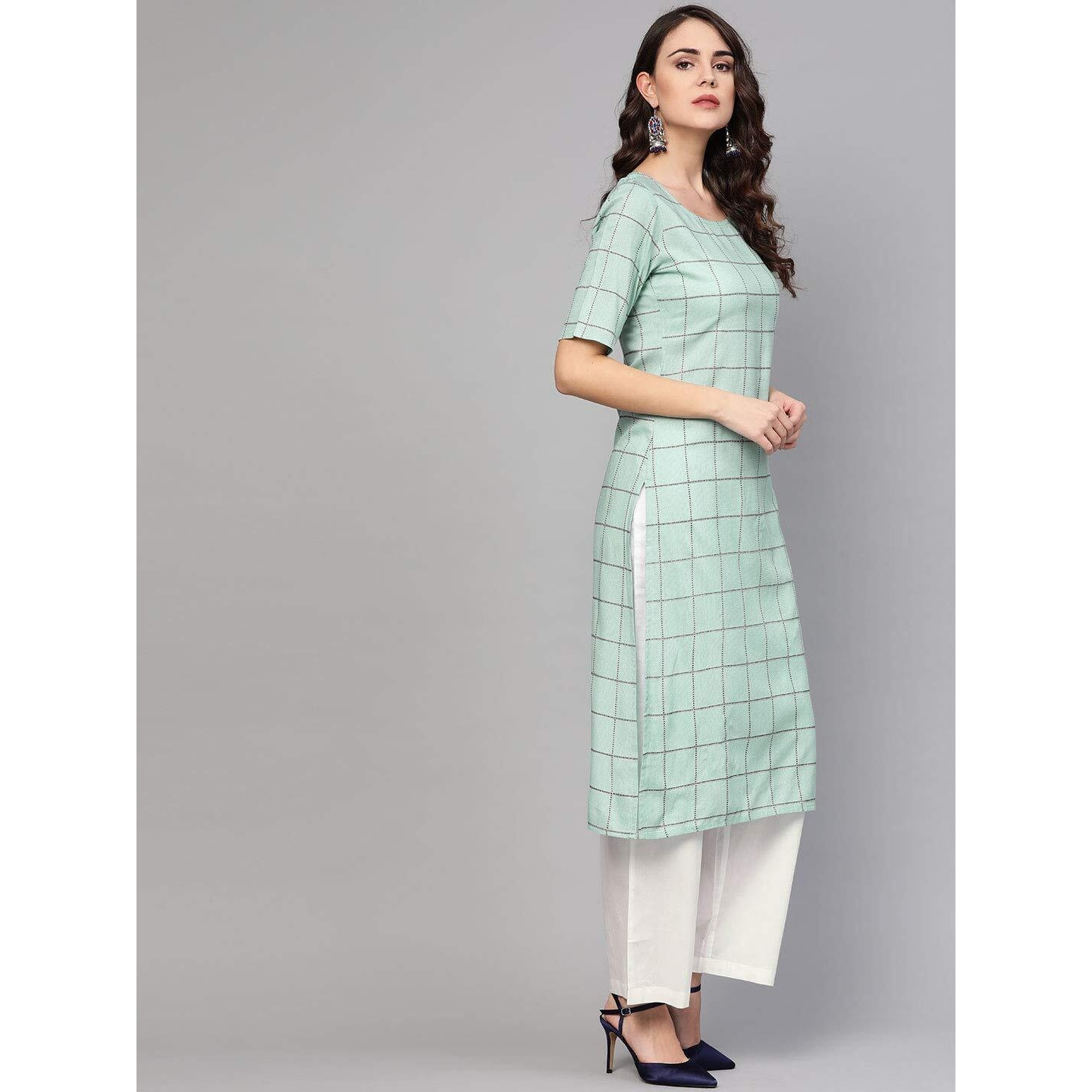 Idalia Checkered Print Teal Kurta With White Palazzo Pants