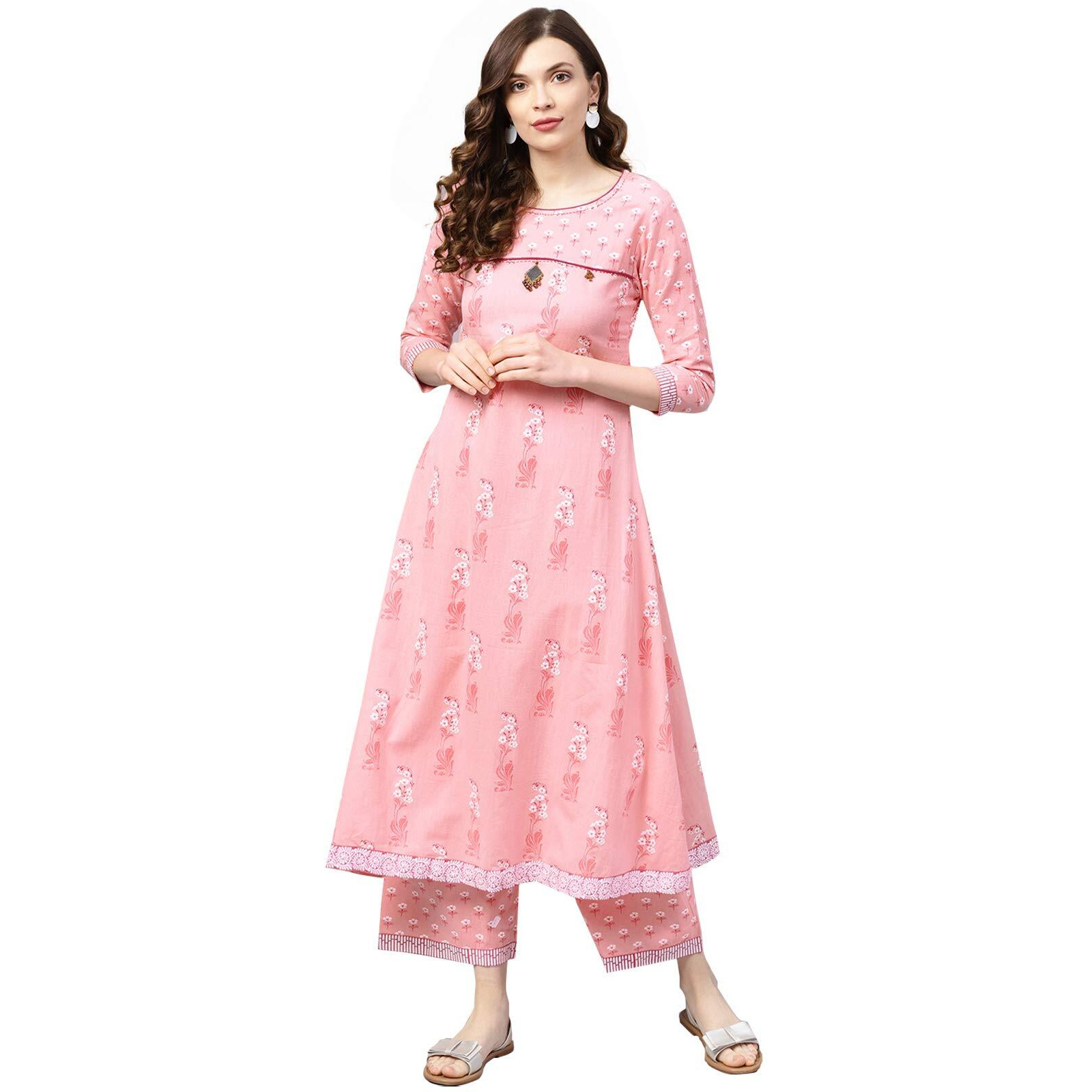 Ishin Women's Pure Cotton Printed A-Line Kurta Suit Set With Palazzo Kurplgash-474_L_Pink