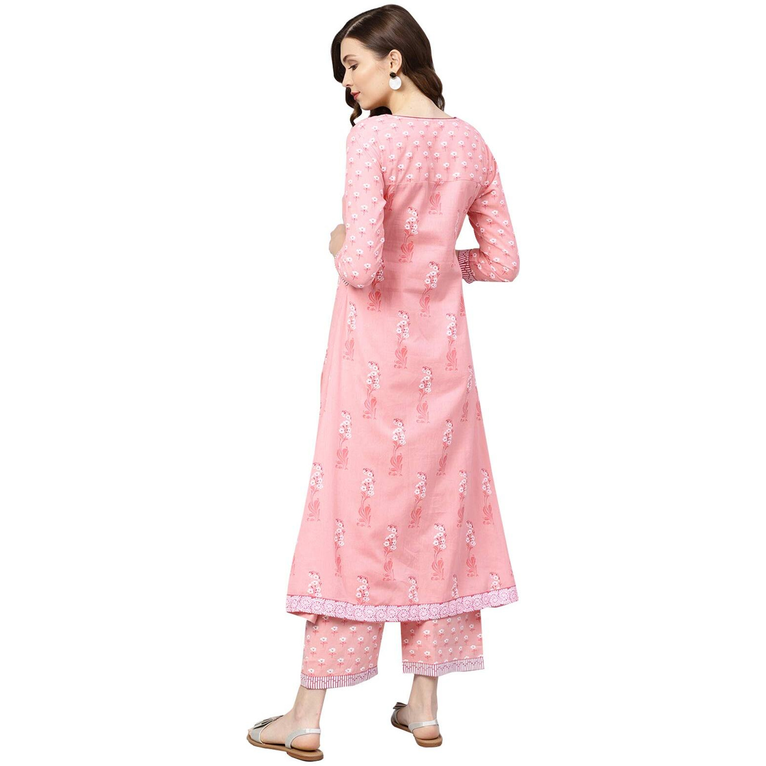 Ishin Women's Pure Cotton Printed A-Line Kurta Suit Set With Palazzo Kurplgash-474_L_Pink