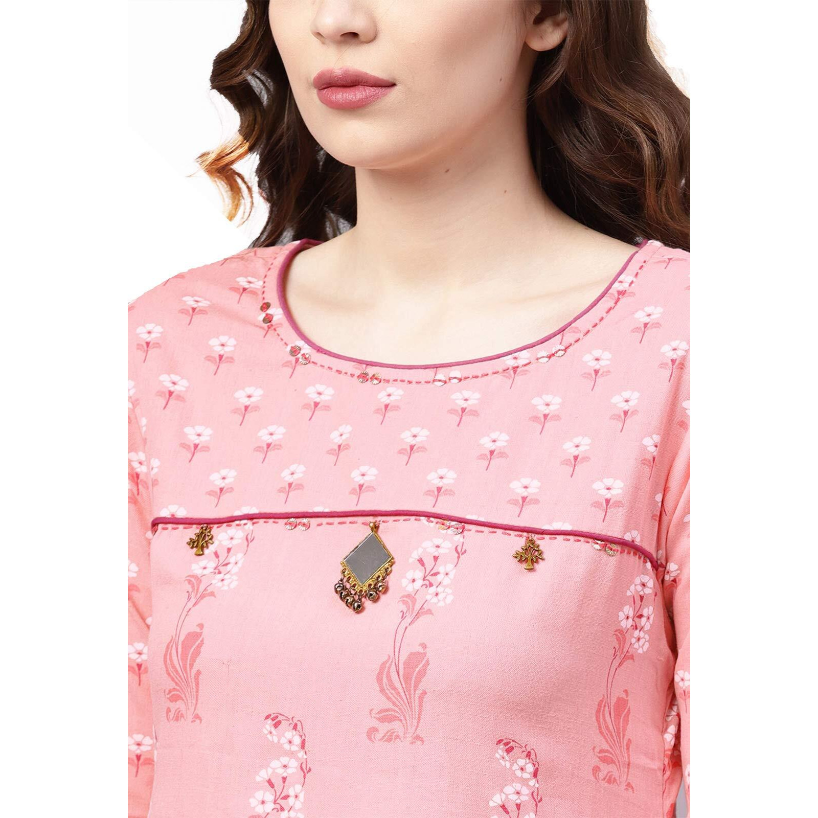 Ishin Women's Pure Cotton Printed A-Line Kurta Suit Set With Palazzo Kurplgash-474_L_Pink