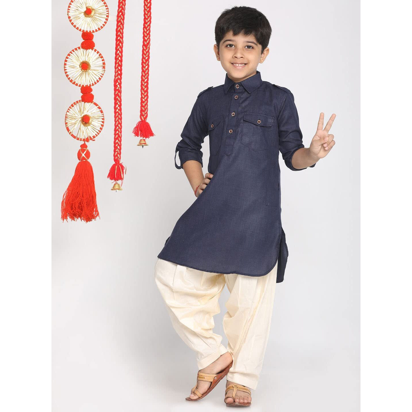 Jbn Creation Boys' Navy Blue Cotton Blend Pathani Suit Set
