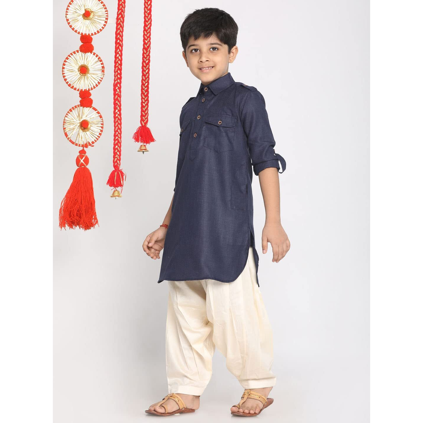 Jbn Creation Boys' Navy Blue Cotton Blend Pathani Suit Set