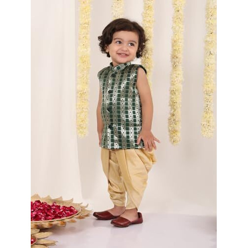 Jbn Creation Infant Boys Green And Gold Silk Blend Kurta And Dhoti Set