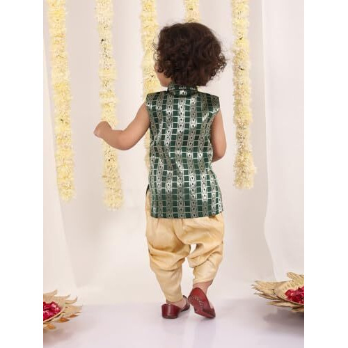 Jbn Creation Infant Boys Green And Gold Silk Blend Kurta And Dhoti Set