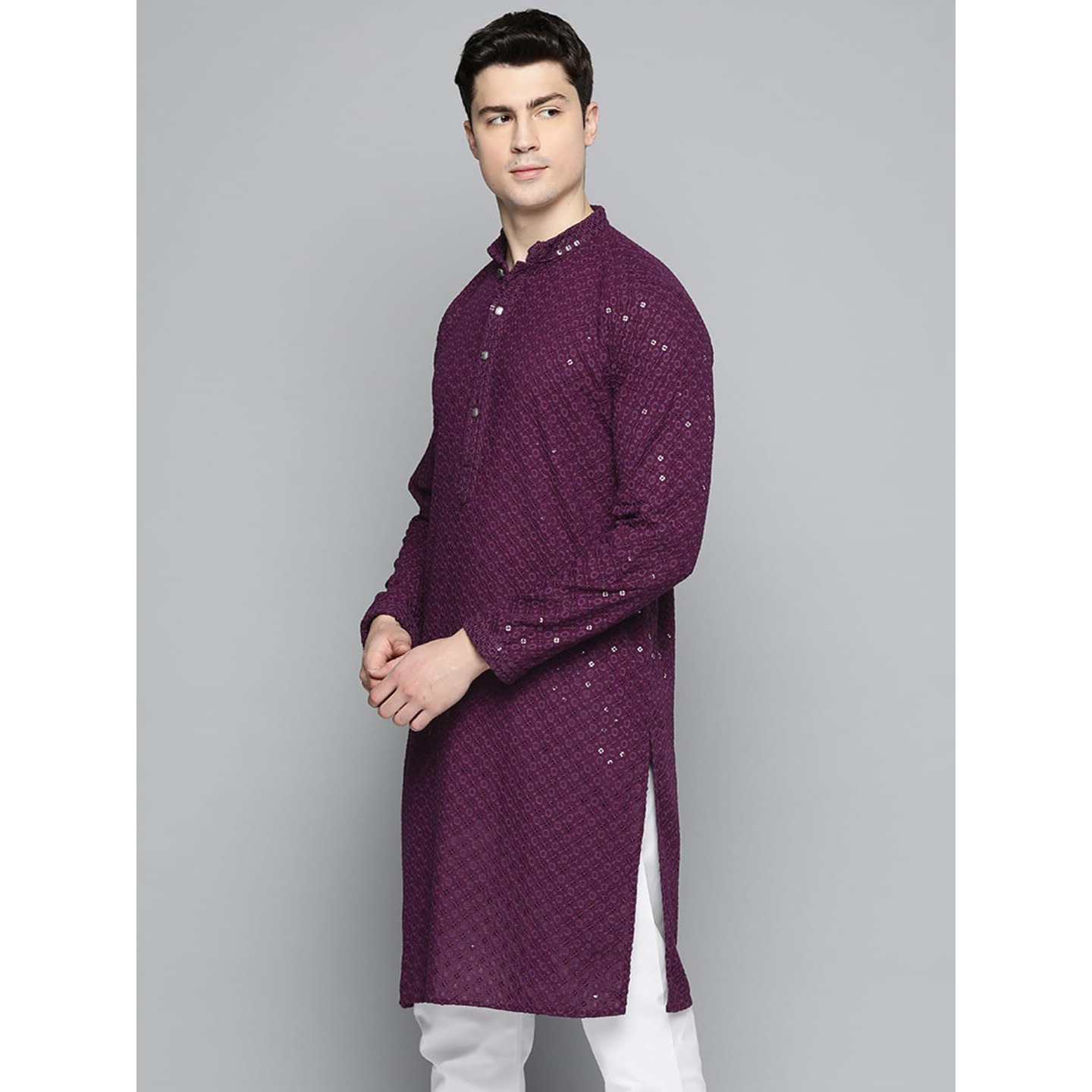 Jompers Mens Purple Chikankari Embroidered And Sequence Kurtas (Purple, S)