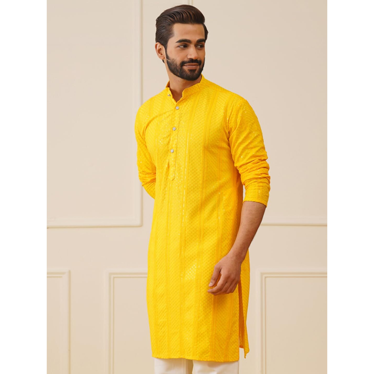 Jompers Men's Yellow Sequins Chikankari Embroidered Kurtas (Yellow, Xl)