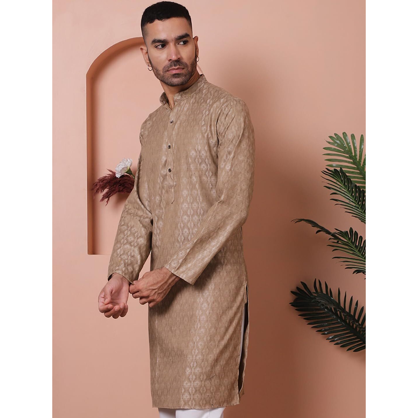 Jompers Men's Brown Woven Design Cotton Kurtas. (Brown, M)