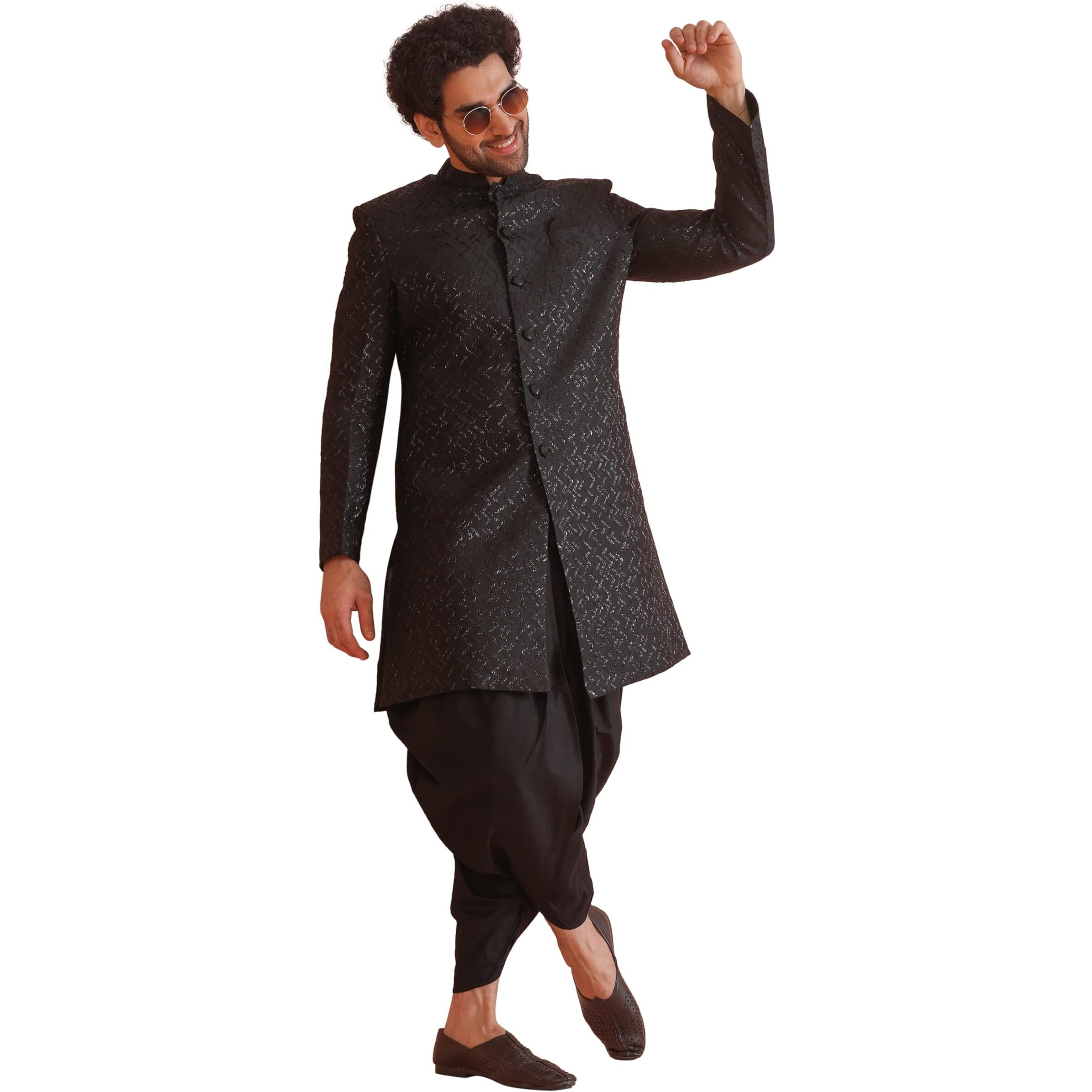 Kisah Men's Indo-Western Sherwani Dhoti Set, Shinny Black Jacquard, Woven Regular Fit Mandarin Collar Long Sleeves (40)