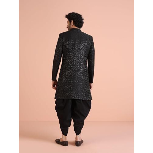 Kisah Men's Indo-Western Sherwani Dhoti Set, Shinny Black Jacquard, Woven Regular Fit Mandarin Collar Long Sleeves (40)
