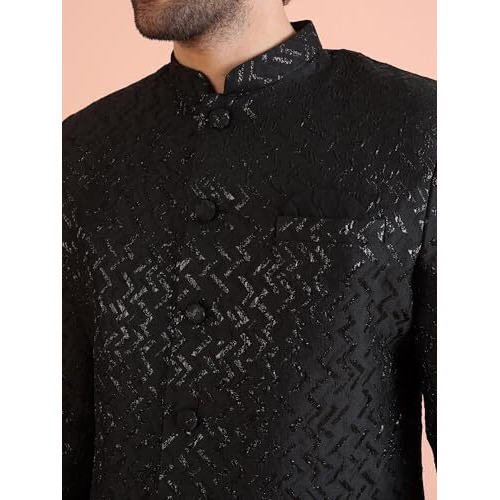 Kisah Men's Indo-Western Sherwani Dhoti Set, Shinny Black Jacquard, Woven Regular Fit Mandarin Collar Long Sleeves (40)