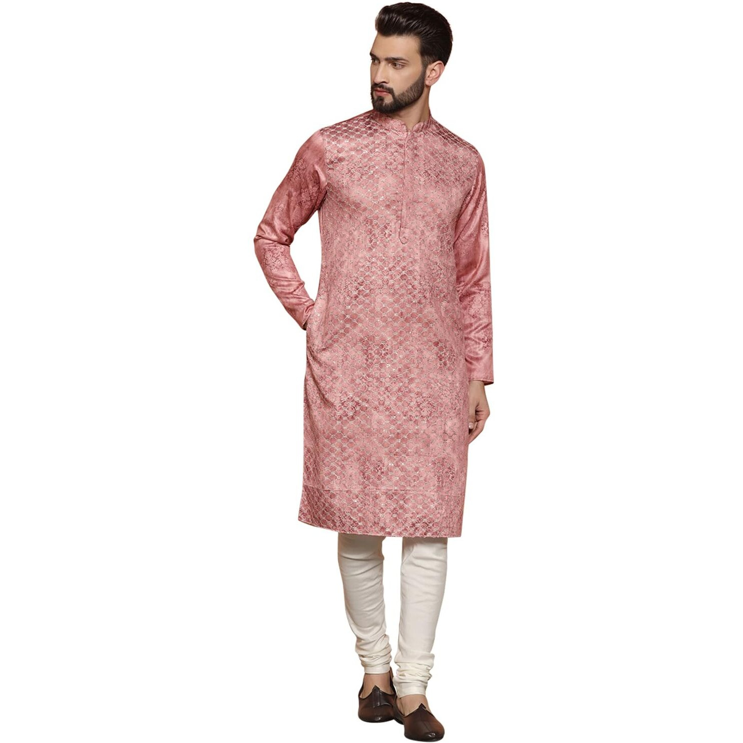 Kisah Men's Regular Fit Embroidered Silk Blend Light Pink Kurta Churidar Set, Xl