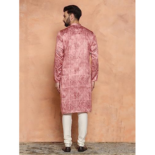 Kisah Men's Regular Fit Embroidered Silk Blend Light Pink Kurta Churidar Set, Xl
