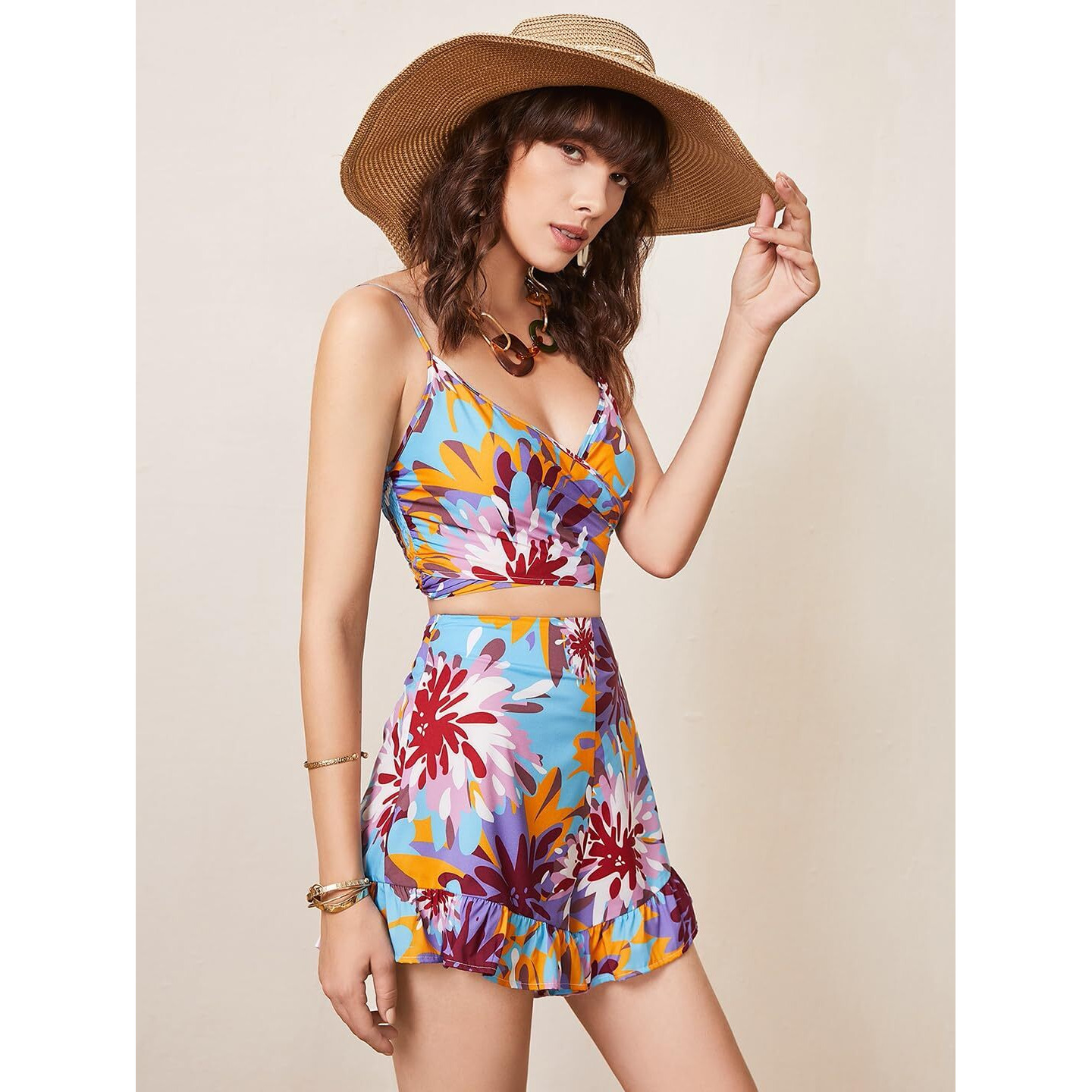 Kotty Women's Floral Printed V-Neck With Mid-Rise Skirt(Multicolored,L)