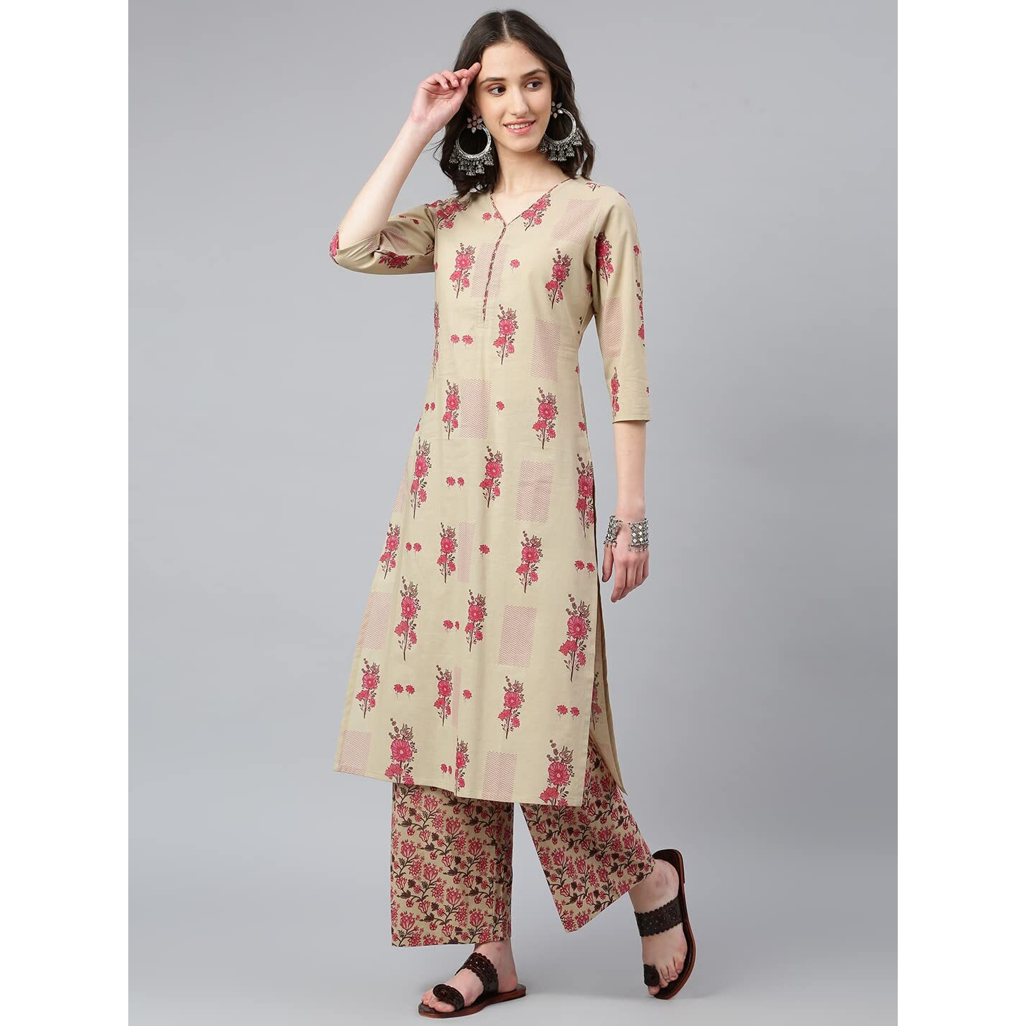 Idalia Floral Print Kurta With Jaal Printed Palazzo Pants Beige