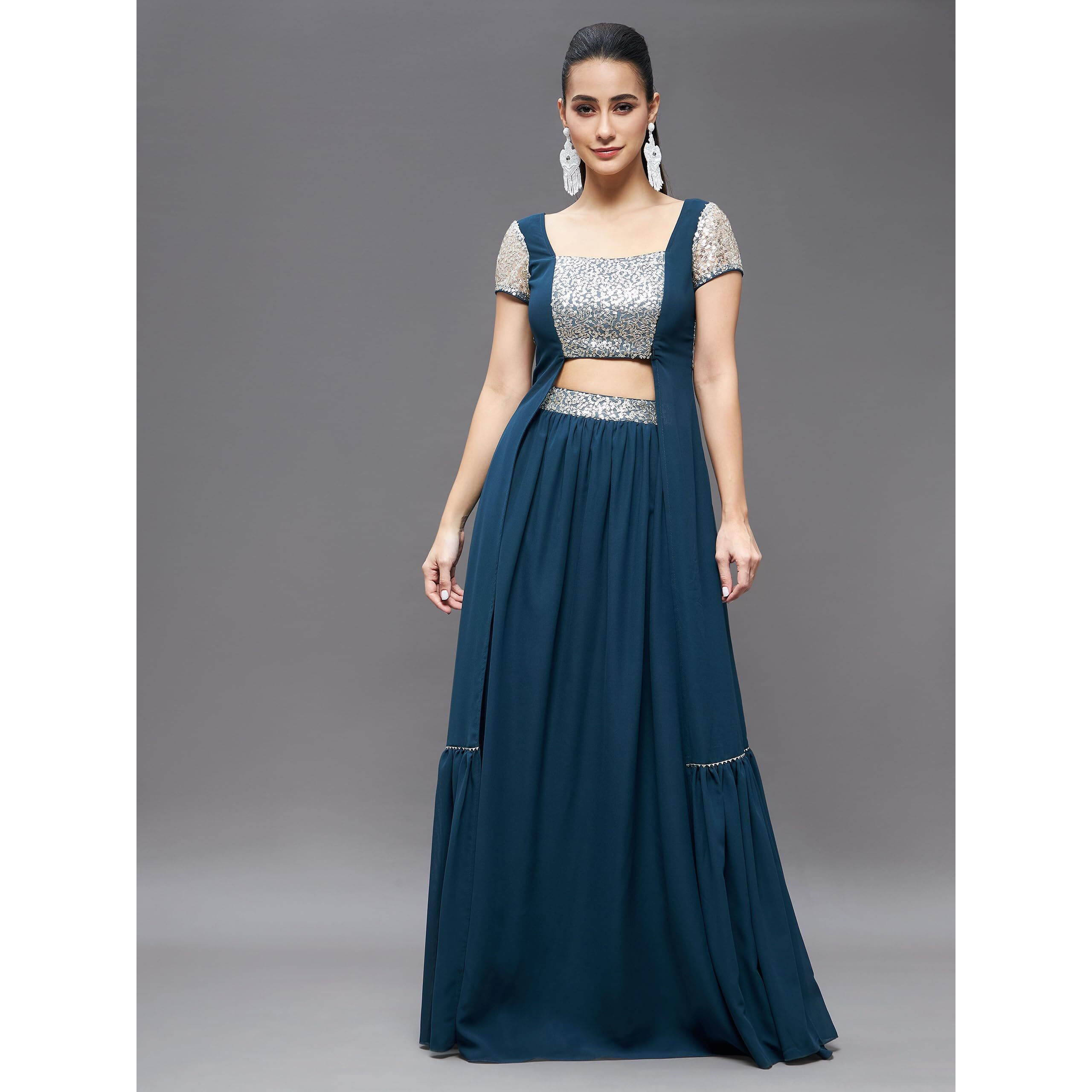 Miss Chase Women's Embellished Square Neck Short Sleeves Waist Band Pocketed Tiered Maxi Co-Ord Set With Pocket (Mcss23C01-06-83-02, Teal, Xs)