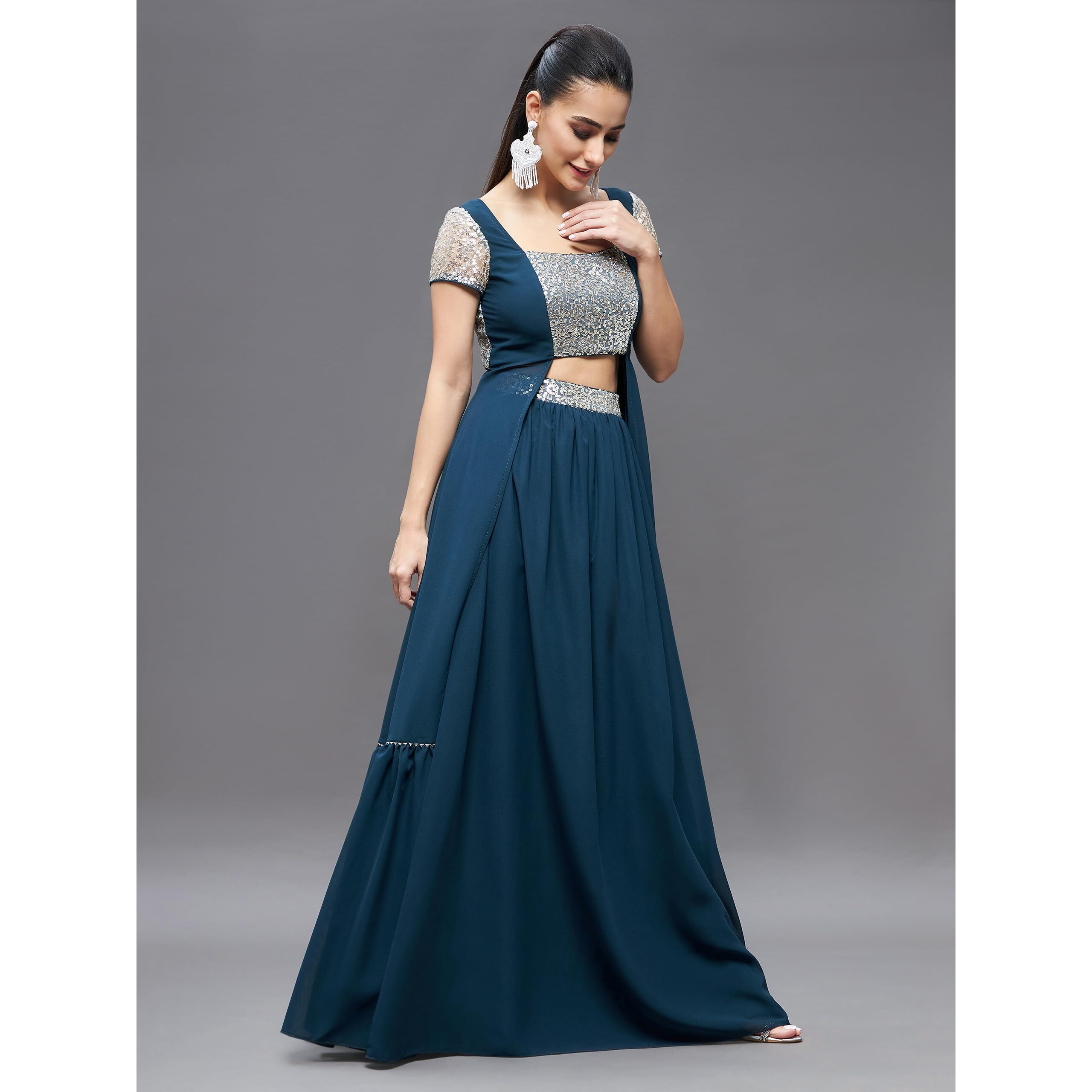 Miss Chase Women's Embellished Square Neck Short Sleeves Waist Band Pocketed Tiered Maxi Co-Ord Set With Pocket (Mcss23C01-06-83-02, Teal, Xs)