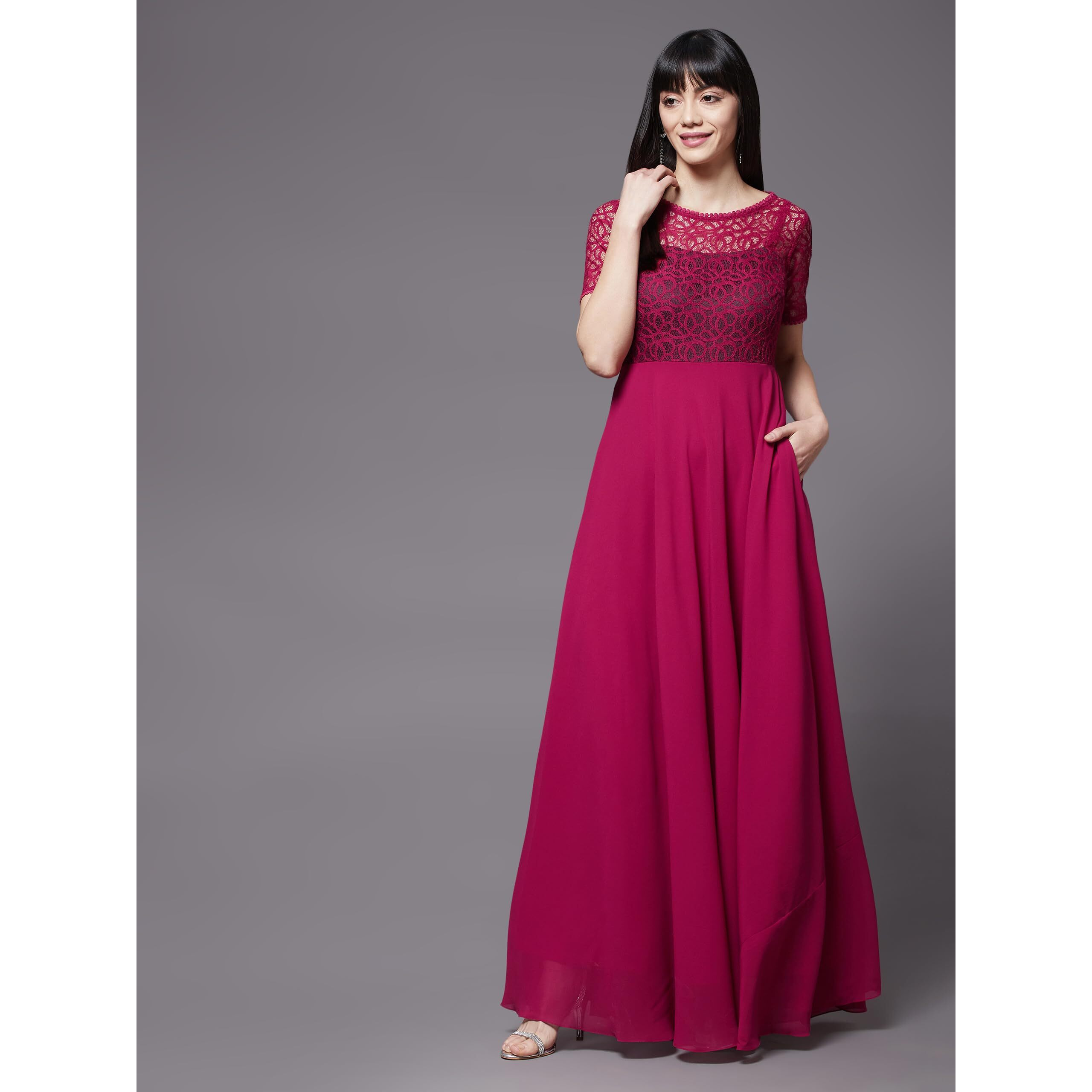 Miss Chase Women's Dark Pink Round Neck Half Sleeve Solid Lace Overlaid Maxi Dress (Mcaw21D06-32-23-05, Dark Pink, L)