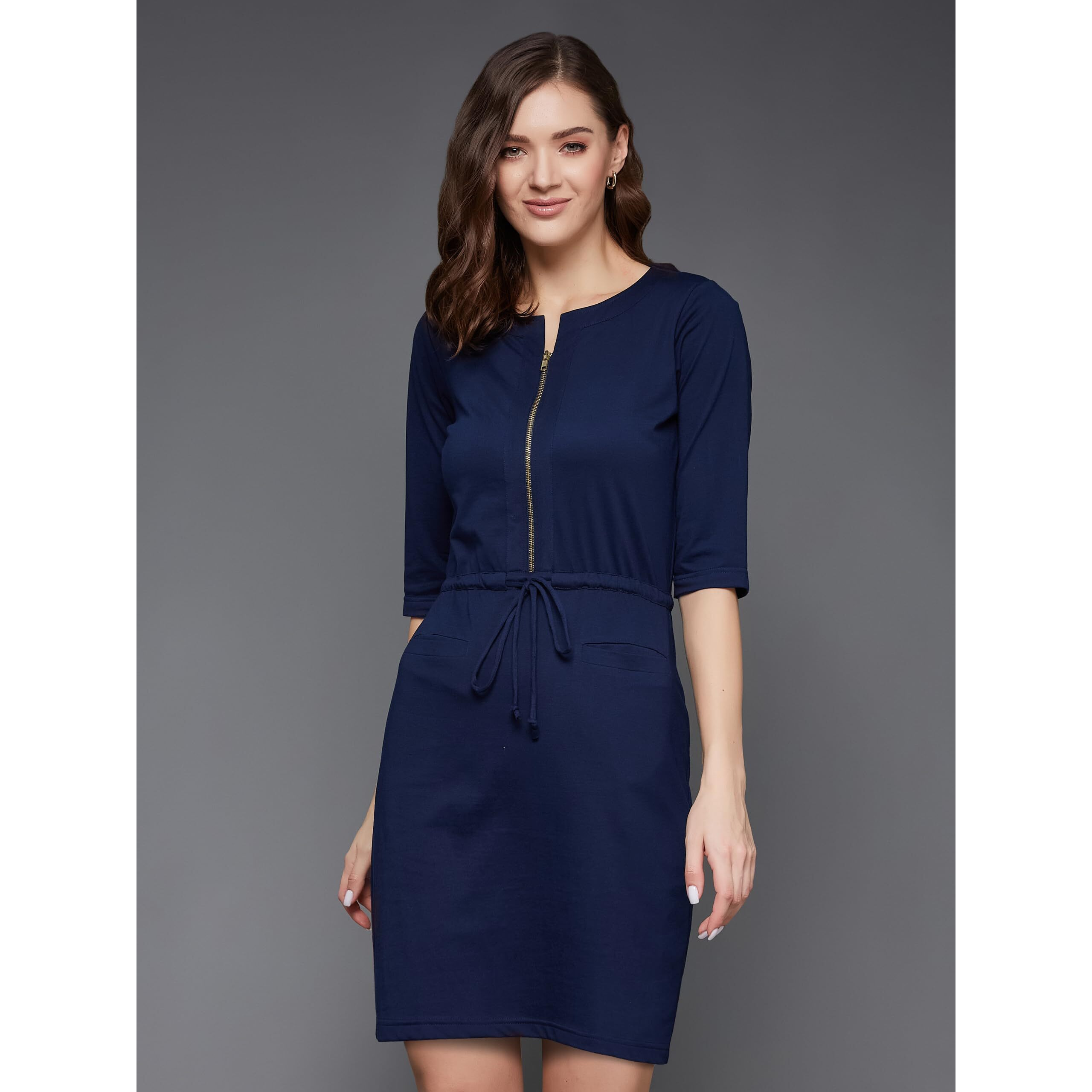 Miss Chase Women's Round Neck Solid Mini Shift Dress With Pockets (Plus Size) (Mcss18D11-25-332-03, Deep Blue, S)