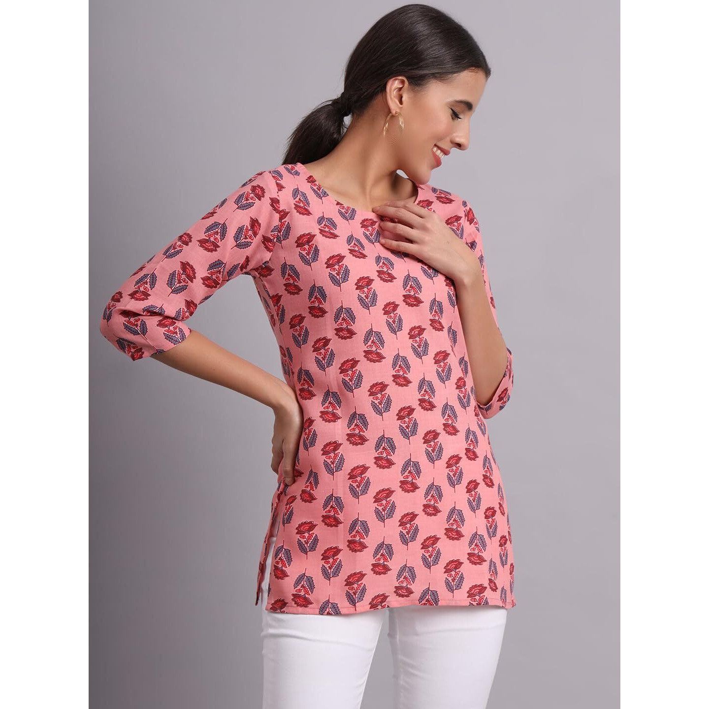 Patlani Women's Cotton Printed Short Fullstitched Kurti/Kurtas. Pink