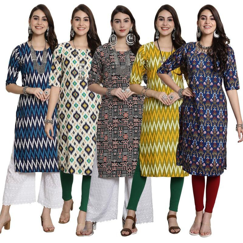 Pikmint Women's Crepe Kurti For Women's Ethnic Printed Kurti For Women's (Pack Of 5)