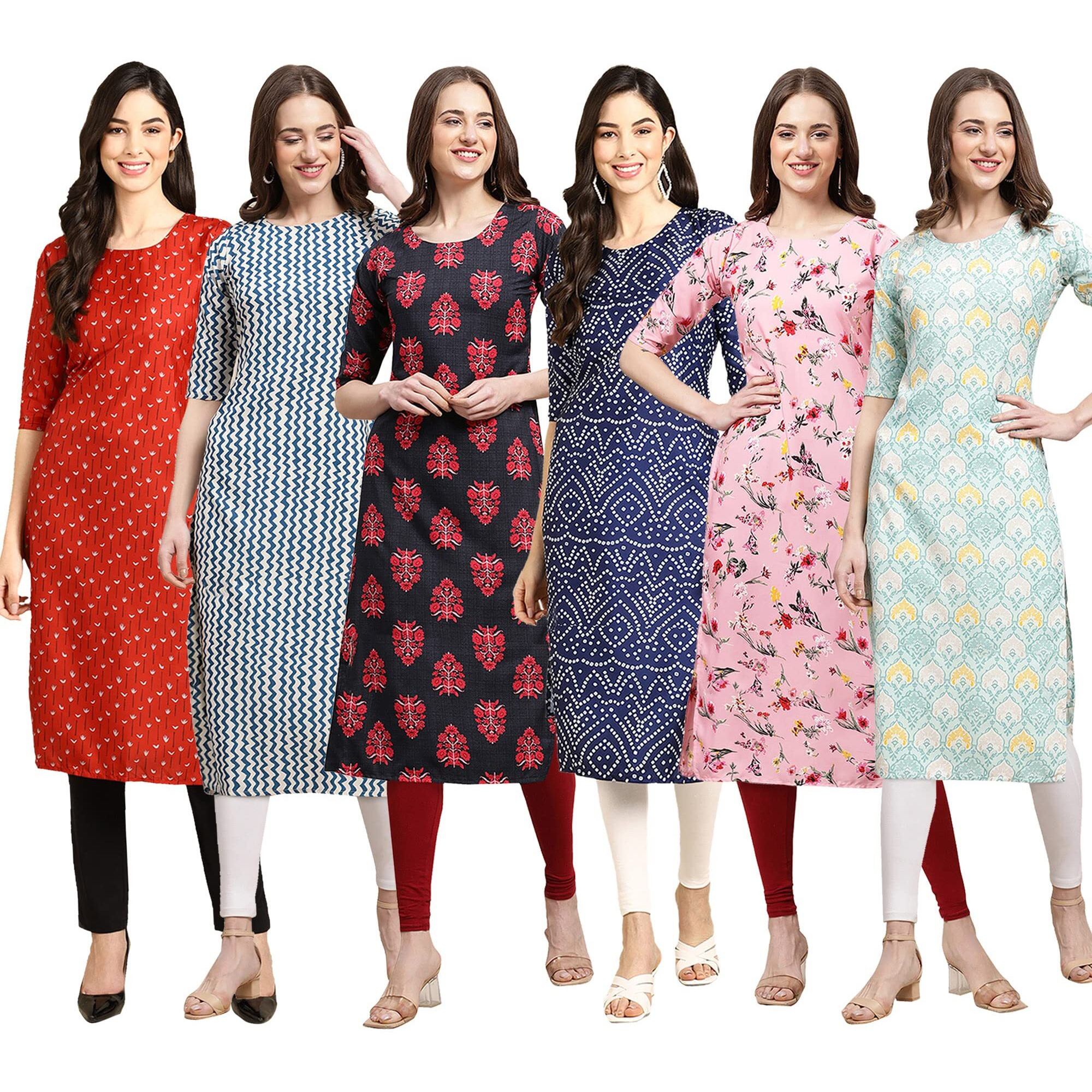 Pinkmint Women's Crepe Digital Print Straight Kurta Pack Of 6 [Cr-370-331-345-366-339-343-L]