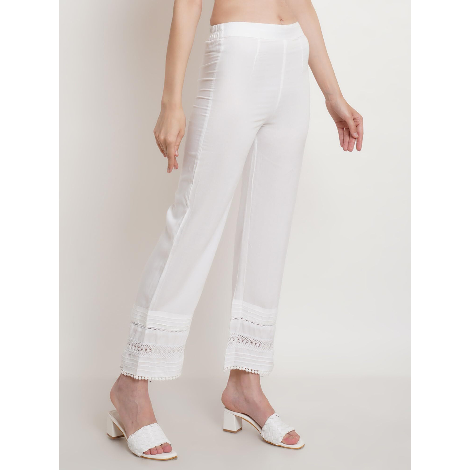 Popwings Casual Flat Front Straight Rayon White Bottom Lace Palazzo Stylish Western Women's Palazzo For Summer - Regular Fit Pull On