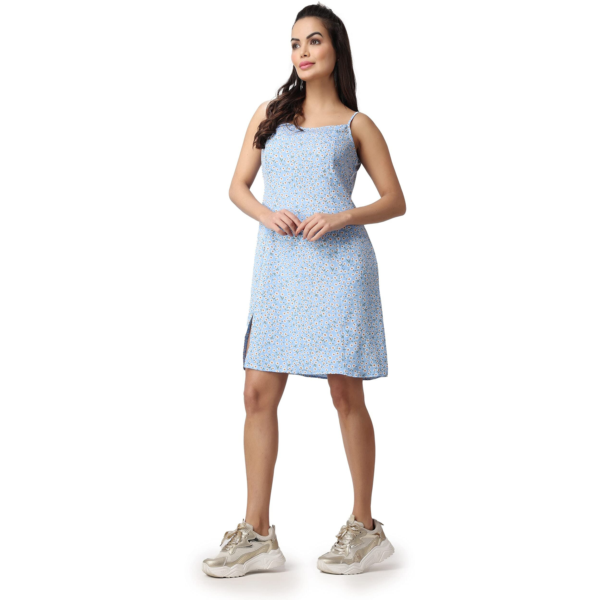 Popwings Casual Fit And Flare Sleeveless Square Neck Knee-Length Front Printed Slit Dress For Women || Stylish Summer Woman Dresses Light Blue