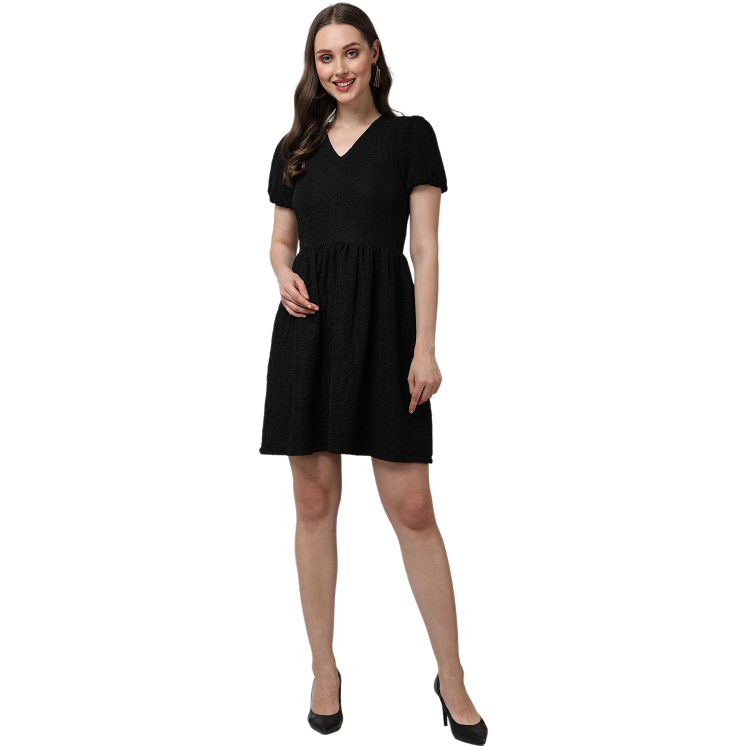 Popwings Casual Self Crush Design Solid Knee Length Blouson Peplum Dress For Women || Latest Stylish Summer Dress For Women || Knee-Length Dress For Women || V-Neck Dresses For Women Black