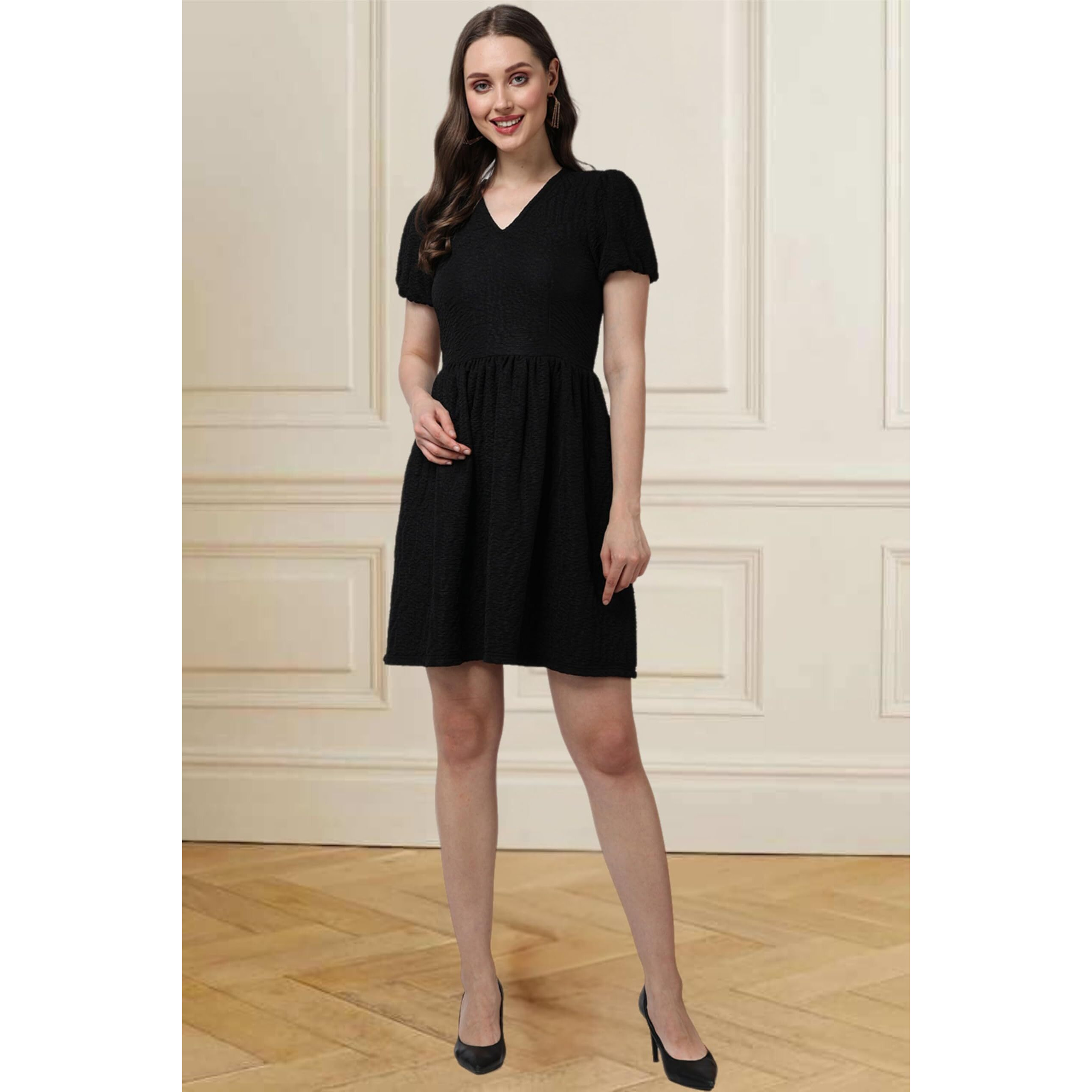 Popwings Casual Self Crush Design Solid Knee Length Blouson Peplum Dress For Women || Latest Stylish Summer Dress For Women || Knee-Length Dress For Women || V-Neck Dresses For Women Black