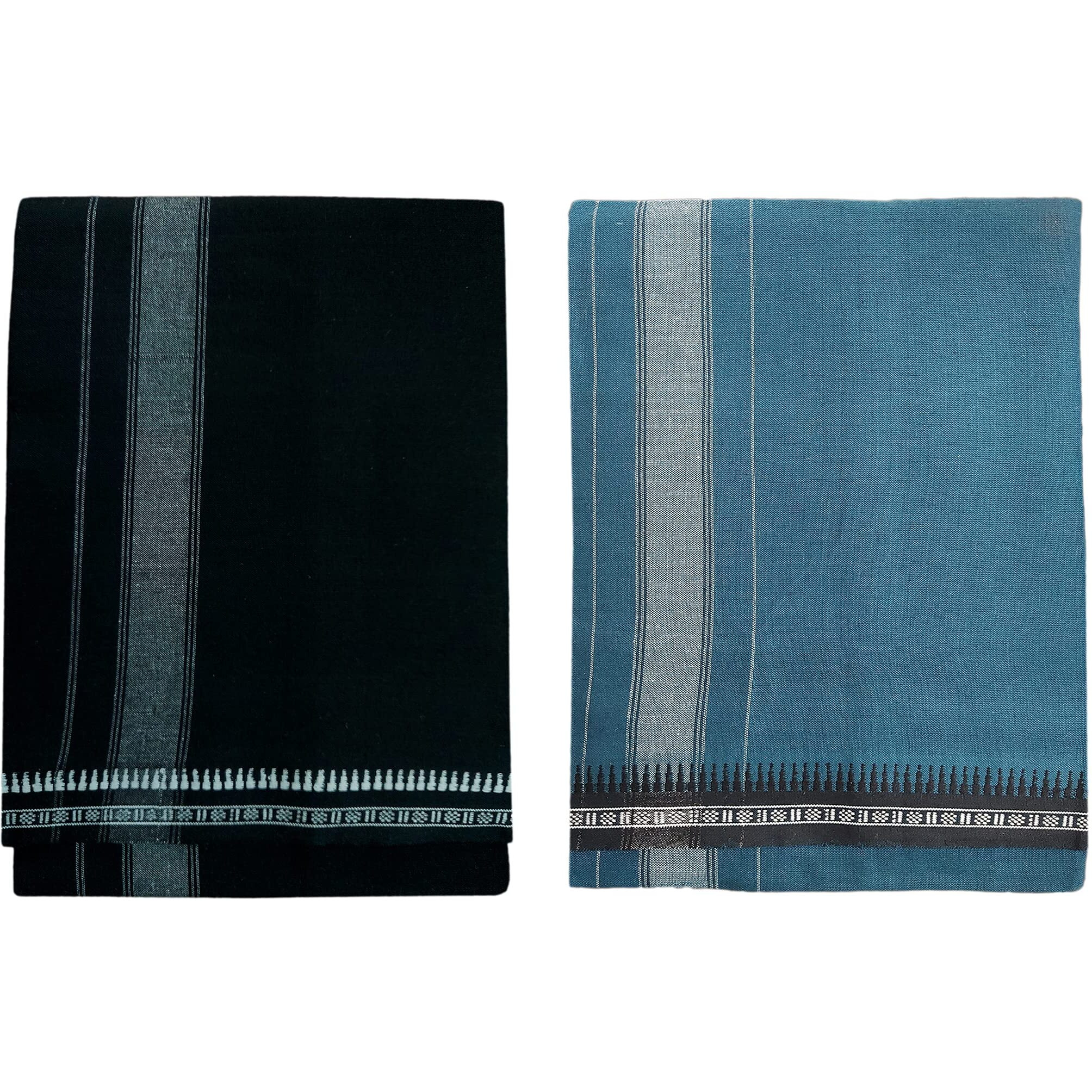Prakasam Cotton Fine Quality Mens Kerala Style Thalapathi Border Single (1.28X2.00 Mtrs) -Dhoti-Kerala Single Mundu (Pack Of 2 Dhoties)- BlackOlive Green